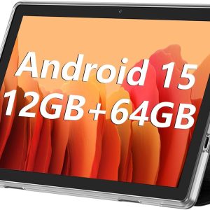 10.1 Inch Tablet, Android 15 Tablets 12GB(4+8) RAM / 64GB ROM / 1TB SD Card Expansion, 1280x800 IPS HD Touchscreen, 6000mAh Battery, Bluetooth 5.0, Dual Cameras, GMS, Dual Band WiFi, Black